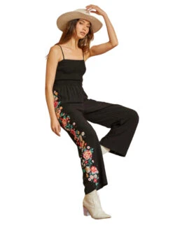 Ladies Black Jumpsuit W/ Floral Applique - R10187-BLACK