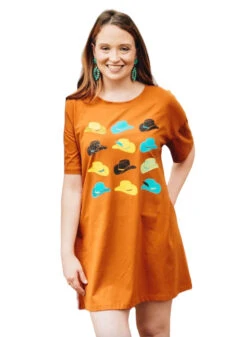Cowgirl Hats Rust Tee SS Dress - 7379B-RUST-CH