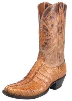 Black Jack Men's American Gator Tail Western Scallop Cowboy Boot W/ Shield Inlay - Tan Burnished