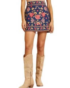 Denim Skirt With Front Embroidery - R10114-DENIM