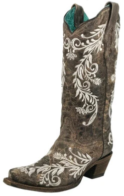 Corral Boots Women's Corral Glow In The Dark Floral Embroidery Cowgirl Boots - Brown/White