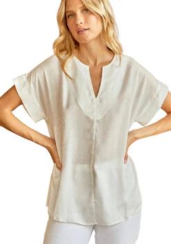 SS Solid V-Neck Woven Top Ivory - 3-554-S-Ivory