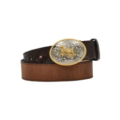 Floral Embossed Leather Belt With Bullrider Buckle