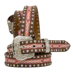 Angel Ranch Girl's Brown Leather Belt With Pink Fabric Inlay Studs & Stones