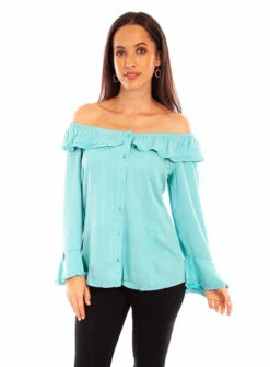 Scully Lds Off Shoulder Top W Ruffled Collar And Cuffs - HC579-TUR