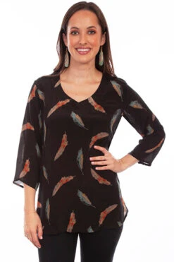 Scully Feather Print Blouse - HC801-BLK
