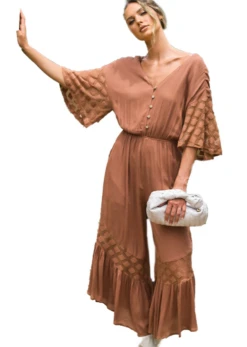 V-Neck Button Down Ruffle Hem Jumpsuit - LRP0269-Caramel