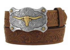 Justin Little Texas Belt 1 1/4" LTHR Strap, Two-Tone Long Horn Buckle - C60119