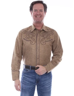 Scully Men's LS Floral Tooled Embroidered Shirt - Tan - P-634TAN
