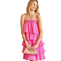 Tiered Ruffle Dress W/ Smocked Seam - D10476-hot Pink