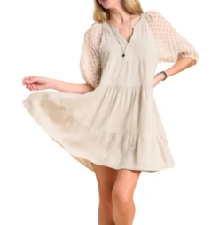 Detail Puffed Sleeve Tiered Dress - R0229-Oatmeal